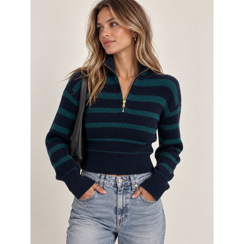 Trina Turk Quarter Zip Sweater Women's 100% Marino Wool Green Striped Sz Small